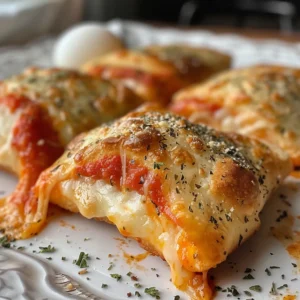 Close-up of four cheesy pizza pockets, sprinkled with herbs.