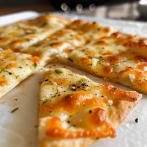 Close-up of crispy air fryer tortilla garlic bread, cut into slices on a white plate.