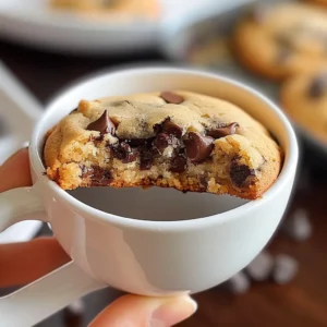 A single-serving chocolate chip mug cake in a white mug, with additional cookies in the background.