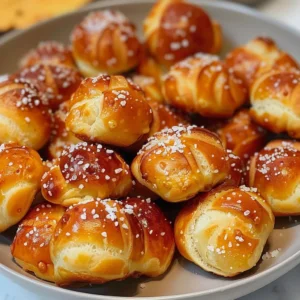 A plate of golden-brown pretzel bites, sprinkled with coarse salt, is the focus of the image. A blurred background shows a bowl of cheese sauce.