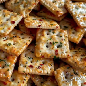 Close-up of a pile of square, spicy ranch flavored crackers.