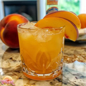 Peach Crown Royal and cream soda cocktail garnished with peach slices.