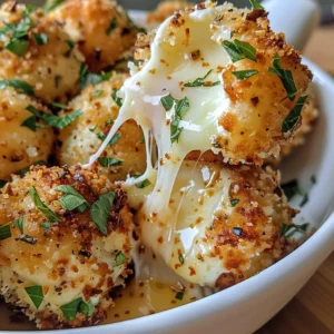 Close-up of golden-brown, cheesy mozzarella bites with a gooey interior.