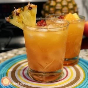 Refreshing Crown Royal Peach cocktail garnished with pineapple and peach slices.
