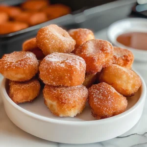 A white dish filled with golden-brown churro bites and a small bowl of chocolate dipping sauce.