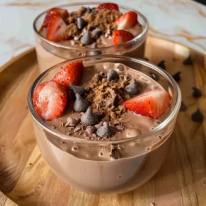 Three glasses of chocolate protein pudding topped with fresh strawberries and blueberries.