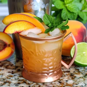 A refreshing Crown Royal Peach Mule cocktail in a copper mug, garnished with peach slices and mint.