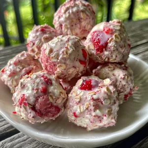 Close-up of a bowl of strawberry cheesecake protein balls, garnished with fresh strawberries.