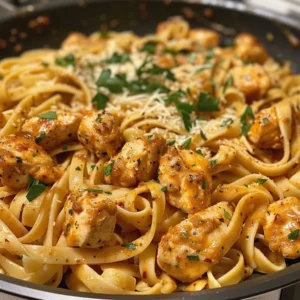 Close-up of creamy Cowboy Butter Chicken Linguine, garnished with parsley.