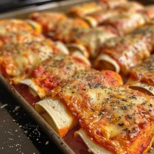 Low-calorie pizza rolls on a baking sheet.