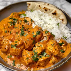 A bowl of creamy butter chicken with rice and naan bread.