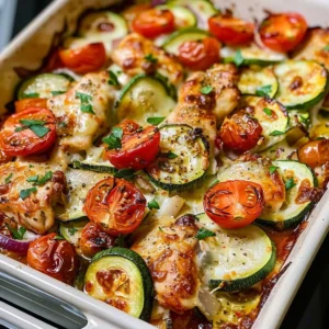 Baked chicken breast with zucchini and tomatoes in a creamy cheese sauce.