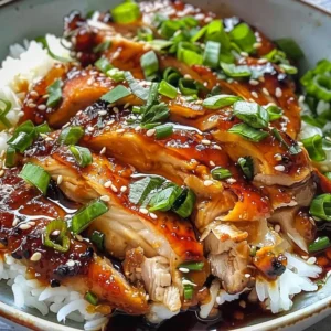 Close-up of caramelized soy chicken in a garlic ginger broth served over rice, garnished with green onions.