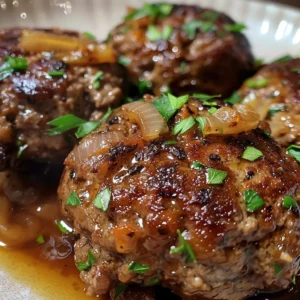 A savory Salisbury steak topped with mushroom gravy, served with mashed potatoes and green beans.