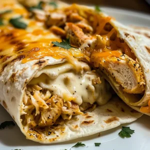 Close-up of a cheesy garlic chicken wrap, showing melted cheese and browned tortilla.
