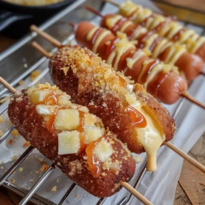 Cheesy Korean corn dogs with sugar and mayonnaise on a cooling rack.