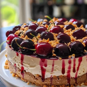 A delicious cherry cheesecake with a slice cut out, topped with a glossy cherry sauce.
