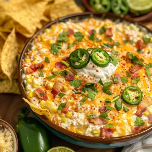 A bowl of creamy jalapeño corn dip topped with crumbled cotija cheese, bacon bits, and sliced jalapeños, surrounded by tortilla chips and lime wedges.