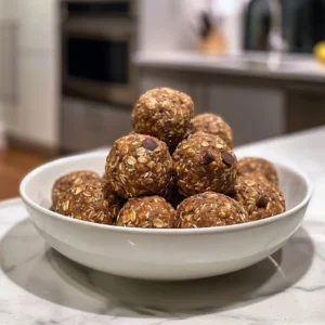 A plate of homemade energy balls with oats, chia seeds, and chocolate chips.
