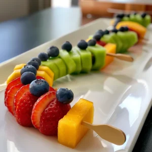 A colorful fruit caterpillar skewer made with strawberries, blueberries, grapes, and cantaloupe.