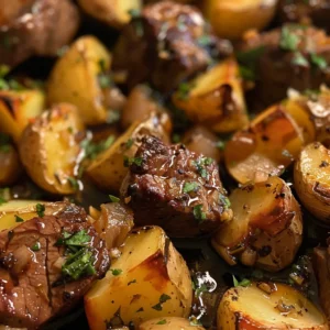 Close-up of savory garlic butter beef bites and roasted potatoes, garnished with parsley.