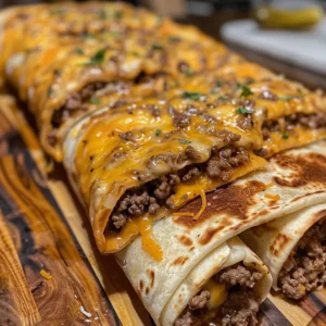 Close-up of three cheesy beef rollups on a wooden board.