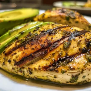 Grilled chicken breast topped with grilled avocado, cherry tomatoes, mozzarella, and balsamic glaze.