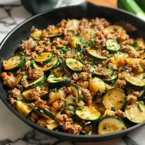 A skillet of ground turkey and zucchini, topped with fresh parsley.