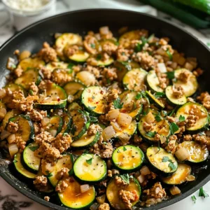 A skillet of ground turkey and zucchini, topped with fresh parsley.