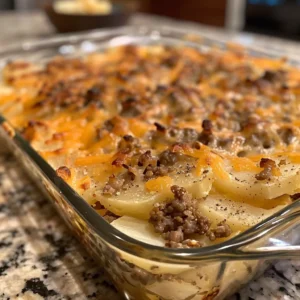 A delicious-looking casserole of ground beef and potatoes, topped with melted cheese and parsley.