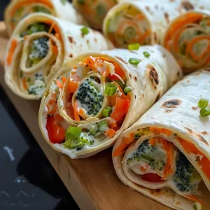 Close-up of several fresh vegetable tortilla roll-ups arranged on a wooden board.