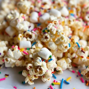 Close-up of homemade funfetti marshmallow popcorn treats, broken into pieces, showing gooey marshmallow and colorful sprinkles.