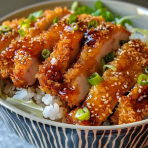 Close-up of a delicious Japanese Katsu bowl with crispy breaded pork cutlets, rice, and a rich tonkatsu sauce.
