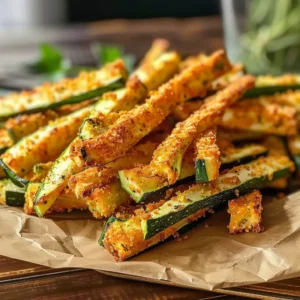 Crispy, golden-brown zucchini fries in a paper cone on a wooden table.
