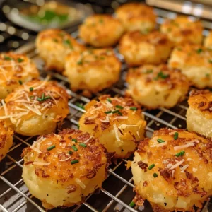Close-up of golden-brown mashed potato cheese puffs, one broken open to reveal a creamy cheese filling.