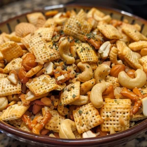 Ranch Chex Mix snack with pretzels, crackers, and Chex cereal coated in a ranch seasoning.
