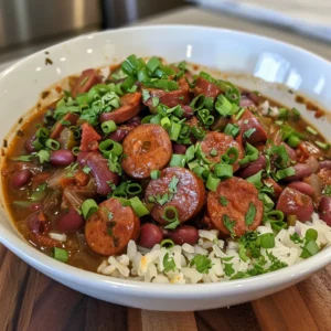 A close-up overhead shot of a pot of red beans and rice with andouille sausage.