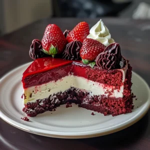 A delicious Red Velvet Strawberry Cheesecake with a slice removed, topped with fresh strawberries, raspberries, blackberries, and a glossy red glaze.