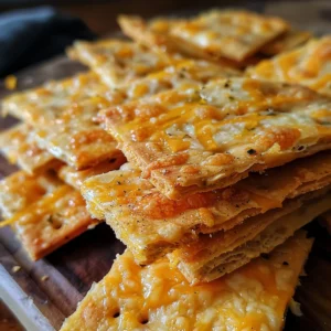 Hand holding a stack of golden-brown, square sourdough cheese crackers.