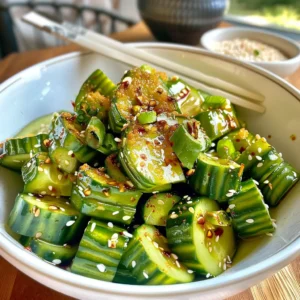 Spicy Asian cucumber salad in a bowl with chopsticks.