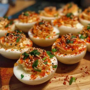 Spicy chili garlic deviled eggs topped with sesame seeds and cilantro.