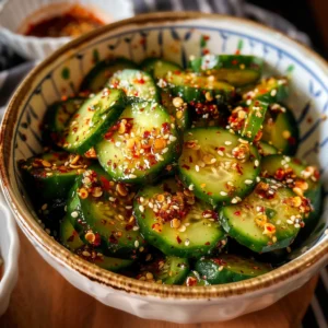 Spicy cucumber salad in a bowl, topped with sesame seeds and chili flakes.