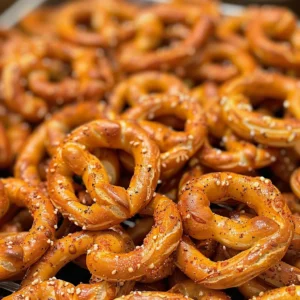 A pile of spicy seasoned pretzels sprinkled with salt.