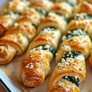 Close-up of several golden-brown puff pastry twists filled with spinach and feta cheese.