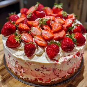 A delicious strawberry cheesecake cake with a slice removed, topped with fresh strawberries and a mint sprig, sitting on a white cake stand surrounded by more strawberries.