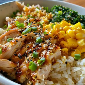 Grilled chicken and corn rice bowl with creamy cilantro lime dressing.