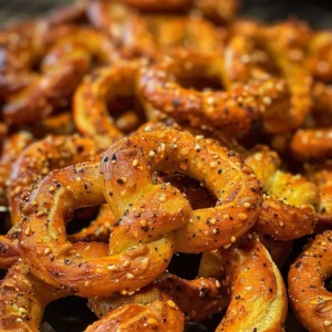 Close-up of a pile of Takis-seasoned pretzels, sprinkled with herbs.